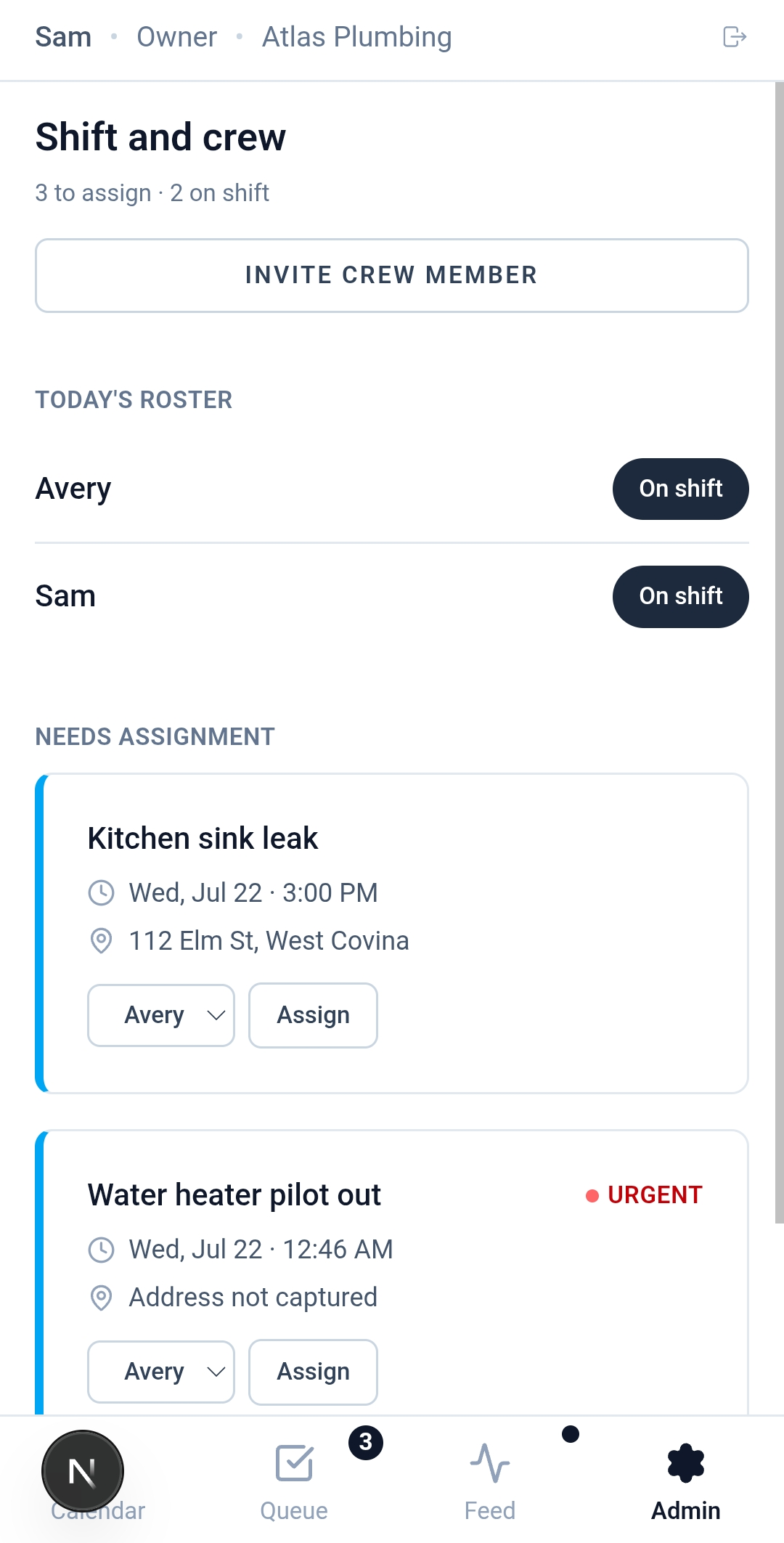 AgentCEO portal Admin tab showing crew shift status and jobs needing assignment