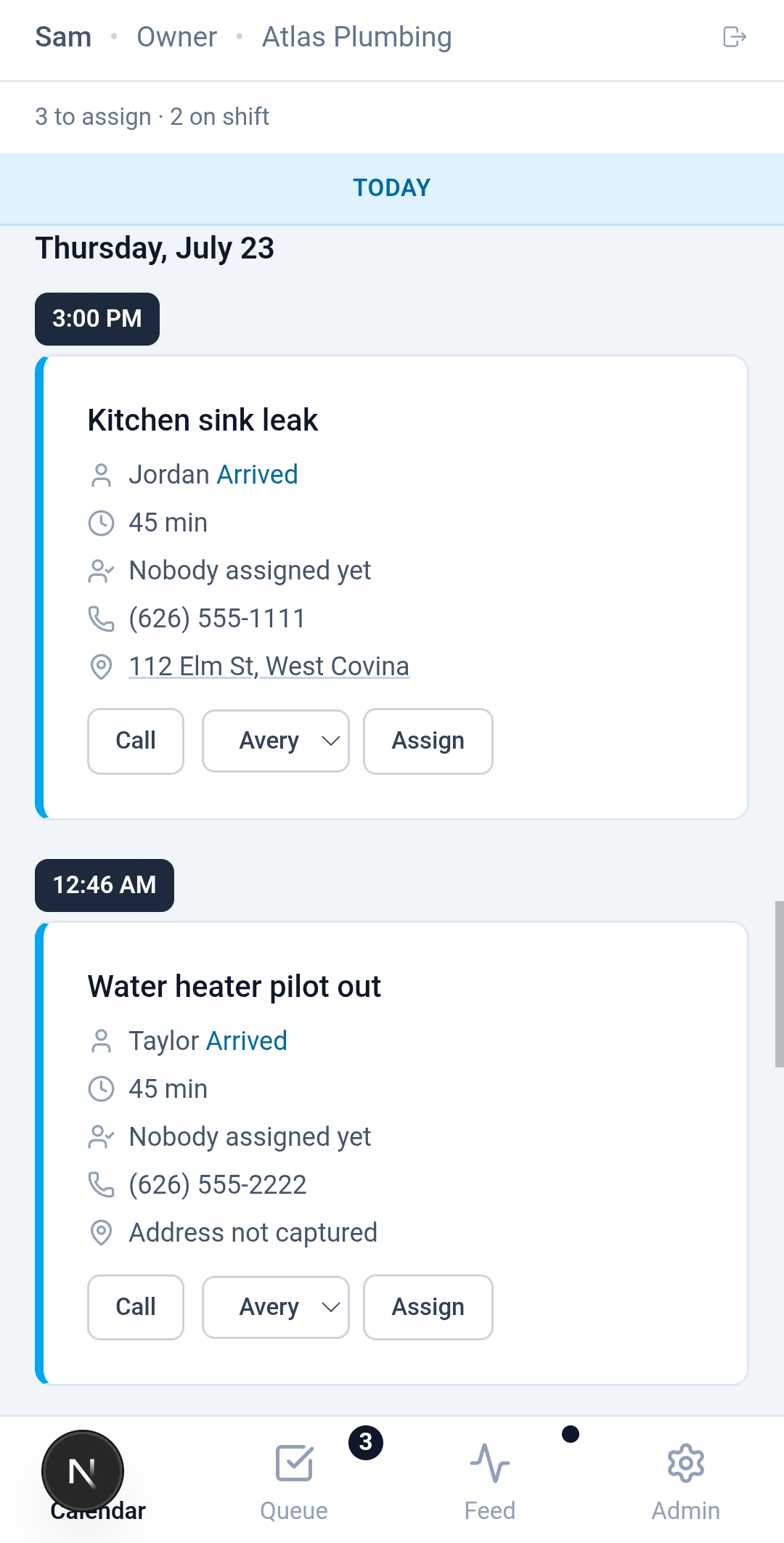 AgentCEO portal Calendar tab showing today's jobs, who's assigned, and what still needs a decision